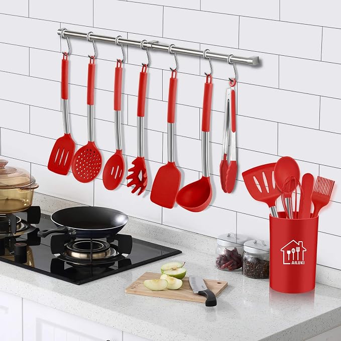 26 Pcs Kitchen Silicone Cooking Utensils Set, Red Kitchen Decor | Non-stick Heat Resistant Silicone, Cookware with Stainless Steel Handle