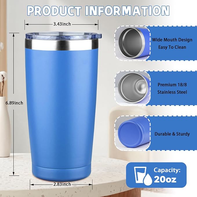 20 oz Tumbler with Lids and Straws, Stainless Steel Insulated Coffee Tumbler, Double Wall Vacuum Insulated Travel Mug Cup, Leakproof Thermal Coffee Cup for Hot and Cold Drinks (Sea Blue)