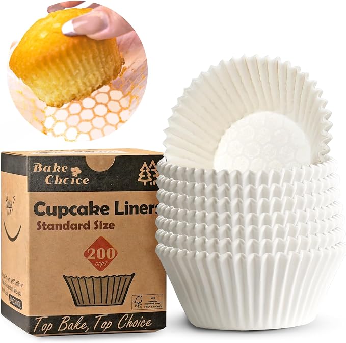 Bake Choice 200pcs Standard Cupcake Liners for Baking, White Muffin Liners | Upgraded Paper, Balance Non-Stick & Non-Slip, Greaseproof Parchment Paper, Cupcake Wrapper for Party, Wedding, Christmas