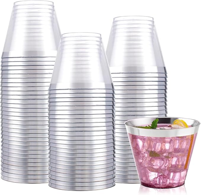 IOOOOO I00000 100PCS Silver Plastic Cups,9 oz Clear Plastic Cups with Silver Trim, Heavy-Duty Disposable Hard Cup For Party, Premium Cup Perfect for Wedding & Party