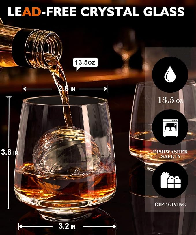 Whiskey Glasses Lead-Free Crystal Old Fashioned Glass Clear Set of 4 13.5oz | whiskey glasses with ergonomic curved shape, Holds ice balls，elegant gift choice for whiskey lovers
