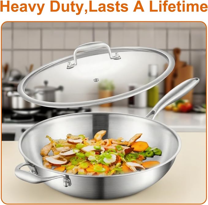 DELARLO Tri-Ply Stainless Steel Wok, 12 Inch Healthy Non-Toxic Cooking Wok Pan with Lid, With Side Ear, Wide & Deep Cookware Stir-Fry Pans, Dishwasher and Oven Safe Up To 600°F, Works on Induction