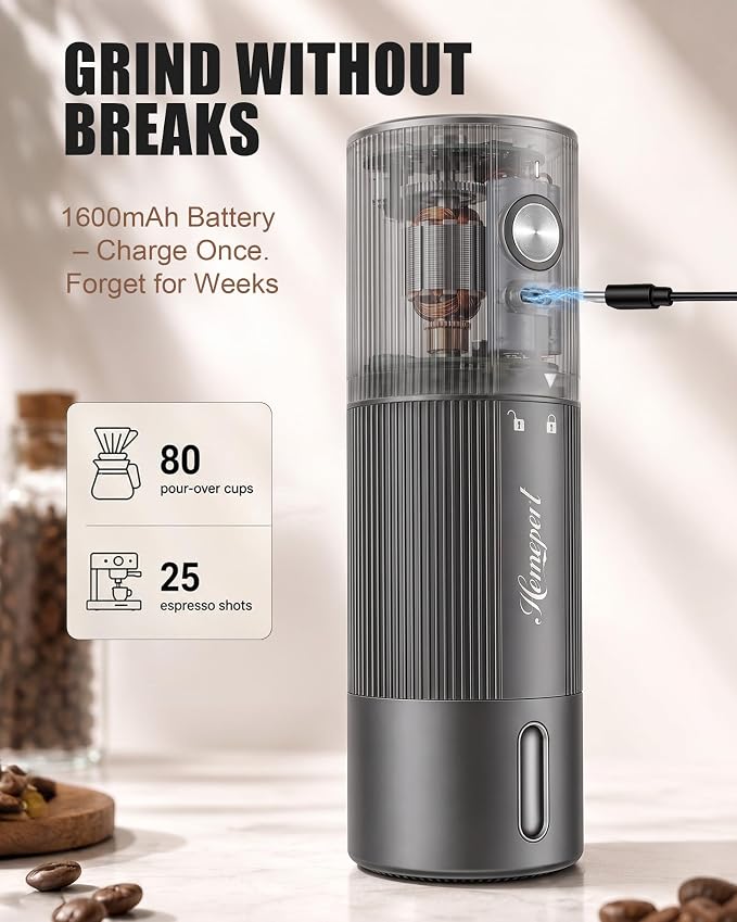 Upgraded Faster Electric Coffee Grinder, Stainless Steel Burrs, Gray | Cordless Coffee Mill, 1600mAh Rechargeable Battery, 40 Setting for Pour-Over to Espresso, Portable for Camping, Travel
