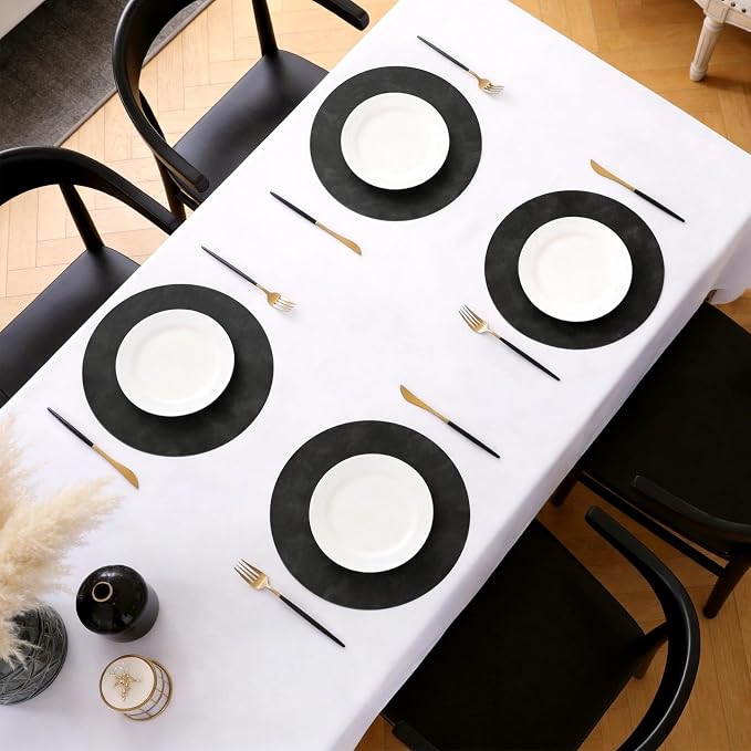 MOSAYT 13 Inch Round Vinyl Placemats Set of 8 - Faux Leather 100% Waterproof Oil-Proof Wipeable PU Place Mats, Heat Resistant Reversible Table Mats for Kitchen, Dining, Outdoor, Black