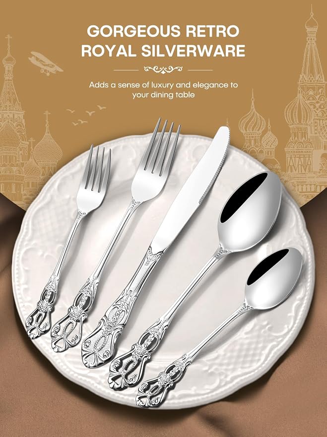Stapava 30 Pcs Gorgeous Retro Royal Silverware Set, Stainless Steel Cutlery Flatware Set for 6, Include Forks Spoons and Knives Set, Mirror Polished Utensils Set, Dishwasher Safe