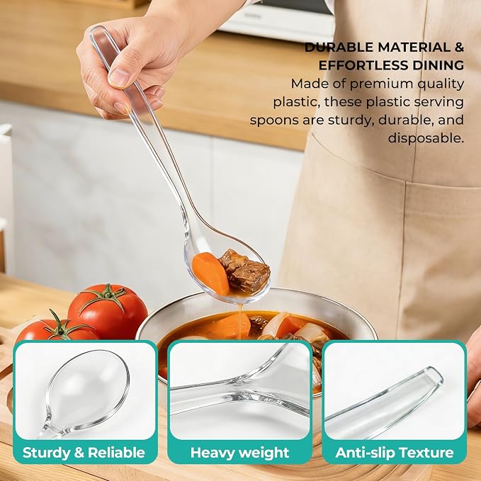 CXPSINC 12 Count Clear Plastic Serving Spoons, 10" Disposable Heavy Duty Plastic Serving Utensils for Catering Weddings Parties Buffets Events and Stock Your Home (Clear, 12PCS Spoons)