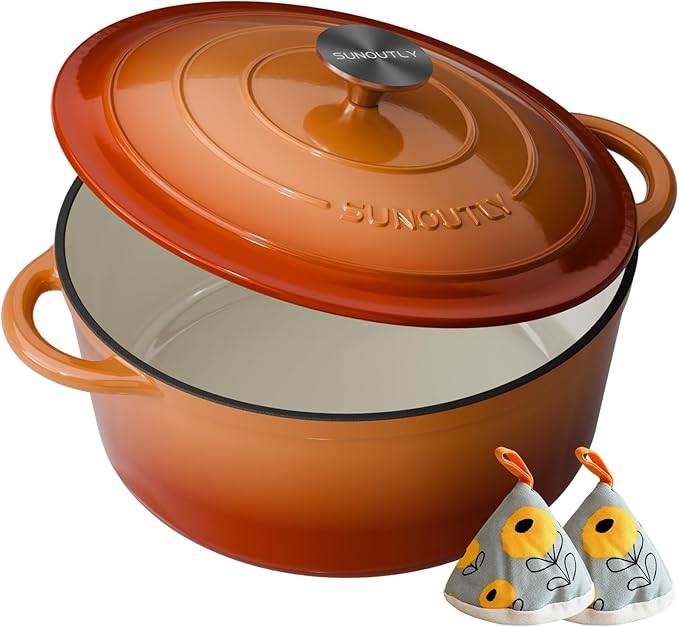 Enameled Cast Iron Dutch Oven - 7.5QT Dutch Oven Pot with Lid & Cotton Potholders - Heavy-Duty Non Stick Casserole Pot for Braising, Stews, Roasting, Baking, Suitable for All Stovetops, Vibrant Orange
