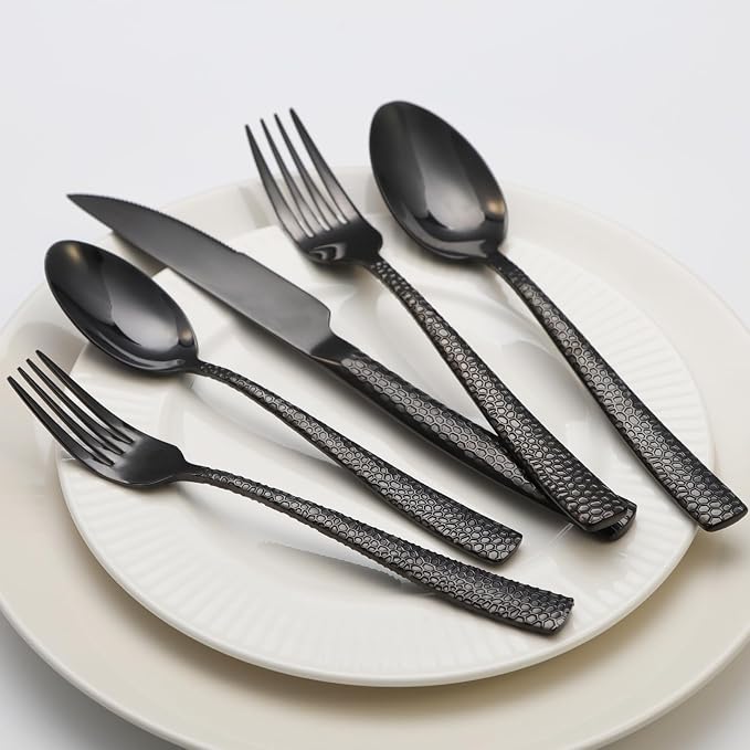 Black Hammered Silverware Set, 20 Piece Stainless Steel Flatware Set for 4, Food-Grade Tableware Cutlery Set for Home Restaurant, Mirror Polished, Dishwasher Safe