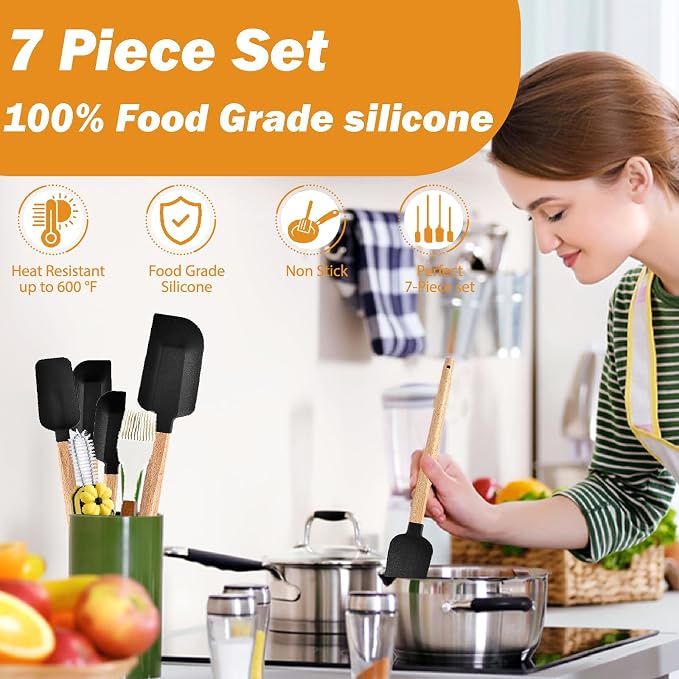 7 Piece Silicone Spatula Set, Food Grade Rubber Spatula Set with Wooden Handle, Heat Resistant Up to 600°F, Silicone Utensils Set for Baking, Cooking & Mixing, Jar, Non-Stick Kitchen Utensils(Black)