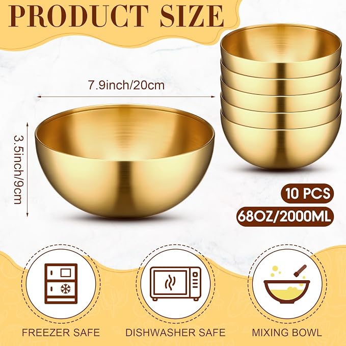 Nuogo 10 Pcs 7.9 Inch Gold Bowls Stainless Steel Esthetician Facial Bowls | Multi-use for Spa Facials Baking Serving, Christmas Wedding Decor, Professional Mixing Prep, Salad Fruit Candy Display Bowls
