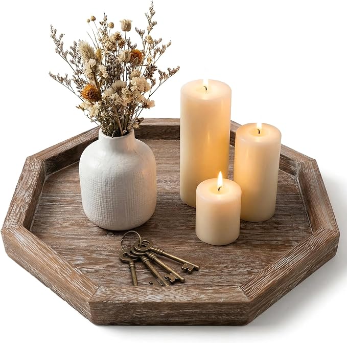 Rustic Candle Holder Plate Round Wooden Decorative Tray for Coffee Table | Boho Farmhouse Kitchen Home Counter Decor Living Room Small Wood Serving Tray Dining Table Centerpiece Bathroom Vanity Trays