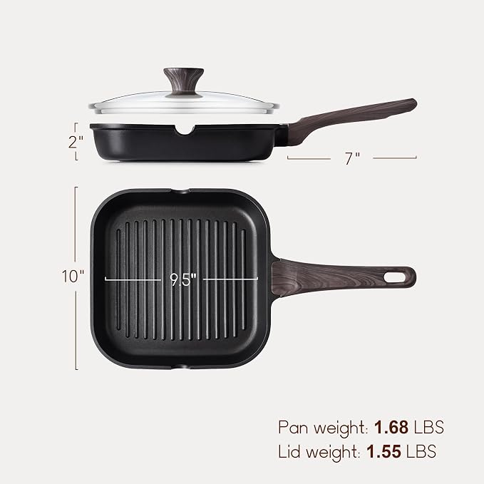 SENSARTE Nonstick Grill Pan with Lid, Grill Pan for Stove Tops, Versatile Griddle with Pour Spouts, Square Big Cooking Surface, Durable Skillet Indoor & Outdoor Grilling. PFOA Free, 9.5 Inch