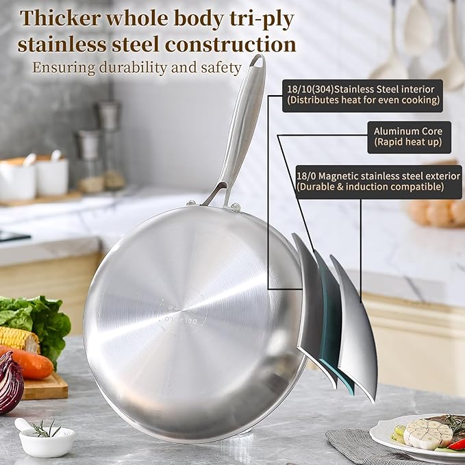 DELARLO Tri-Ply Stainless Steel Pan,18/10, 12"+Lids | Nontoxic Durable Oven Safe 800℉ All Cooktops Compatible Fast Even Heat PFOA Free Large Frying Pan Nontoxic Cookware