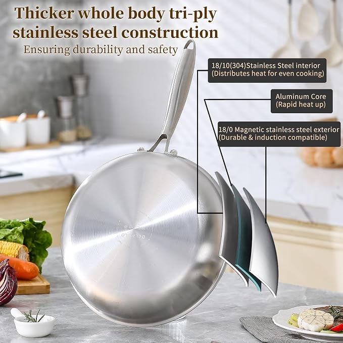 DELARLO Tri-Ply Stainless Steel Pan,18/10, 9" | Nontoxic Durable Oven Safe 800℉ All Cooktops Compatible Fast Even Heat PFOA Free Large Frying Pan Nontoxic Cookware