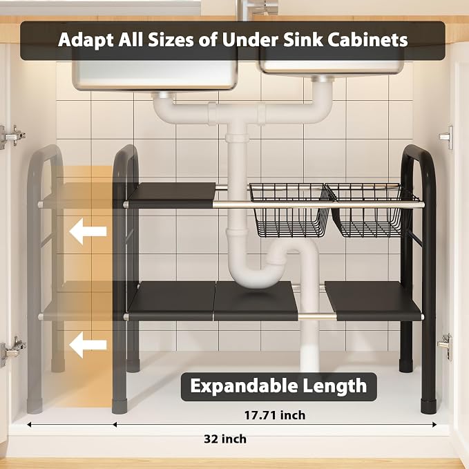 Expandable Under Sink Organizer, 2 Tier Under Sink Shelf | With 2 Removable Baskets and 6 Removable Panels, For Cabinet Sink Cloakroom Wardrobe Closet Storage, Black, 17.71”-32”Length