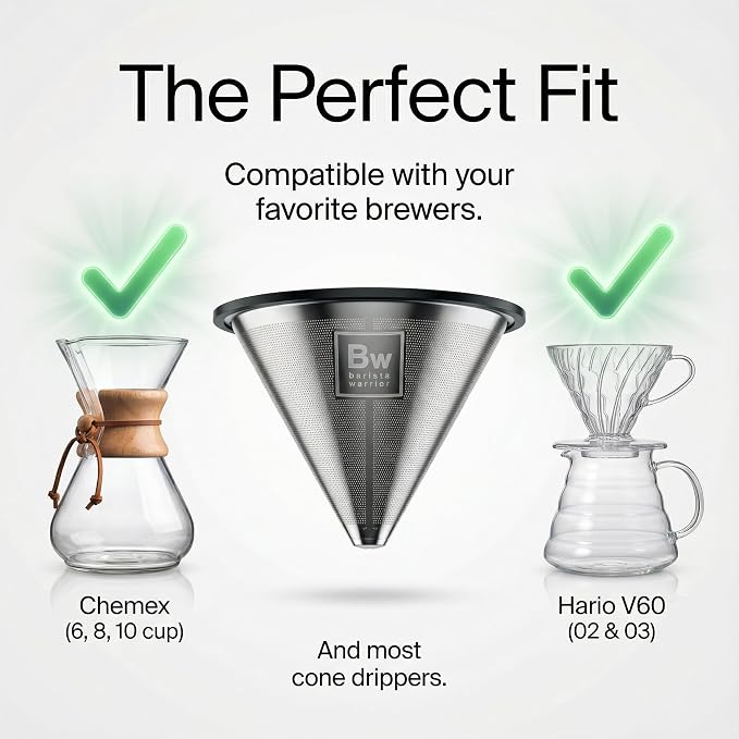 Barista Warrior Reusable Coffee Filter - Stainless Steel Pour Over Dripper, Compatible for Chemex, Hario V60 & Drippers, Easy to Clean Flavorful Brew Fine Mesh Coffee Filter - Silver
