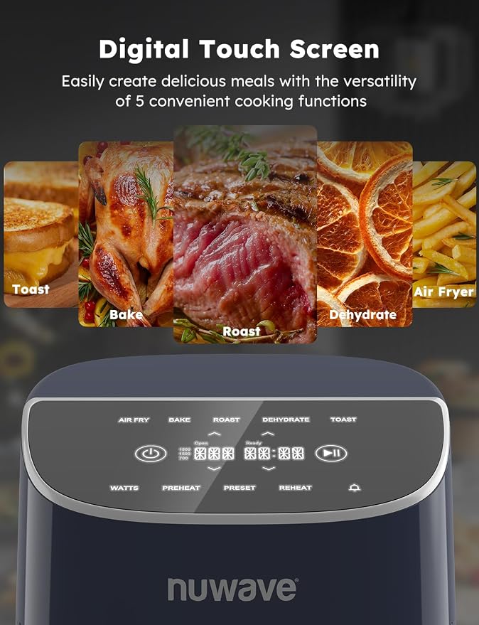 Nuwave Brio Plus 8 Qt Air Fryer, PFAS Free, New & Improved, 50-400°F in 5°F | Digital Touchscreen, Cool White Display, Ceramic Nonstick Coating, 5 Modes, 100 Presets/50 Memory, 700/1500/1800W, Deep Blue