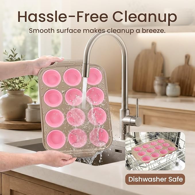 Silicone Muffin Pans for Baking with Metal Frame, 12-Cup Silicone Cupcake Pan, Egg Bite Silicone Mold, Nonstick, BPA Free, Oven & Dishwasher Safe