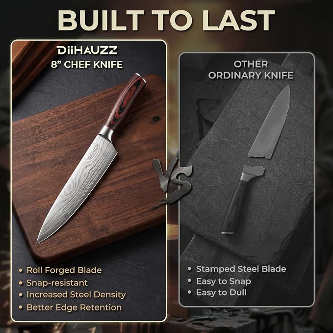 DiiHAUZZ 8 Inch Chef Knife, High Carbon Stainless Steel Kitchen Knife | Ultra Sharp 12-15° Edge, Ergonomic Handle, No Crack No Shrink Pakkawood, Great Edge Retention, 59HRC, Sheath & Gift Box