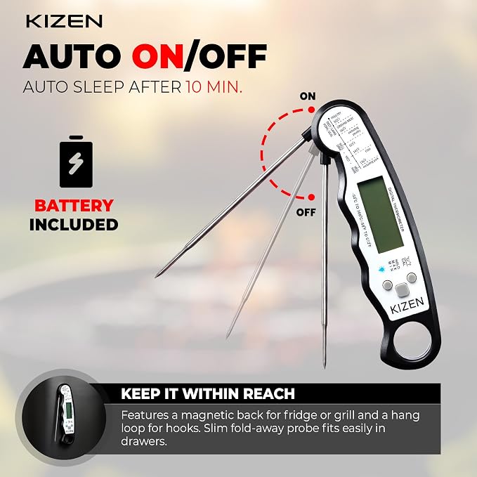Instant Read Meat Thermometer Digital - Food Thermometer for Cooking, Grill, Oven, BBQ - IP67 Rated Waterproof - Large Backlit Display and Magnetic Back
