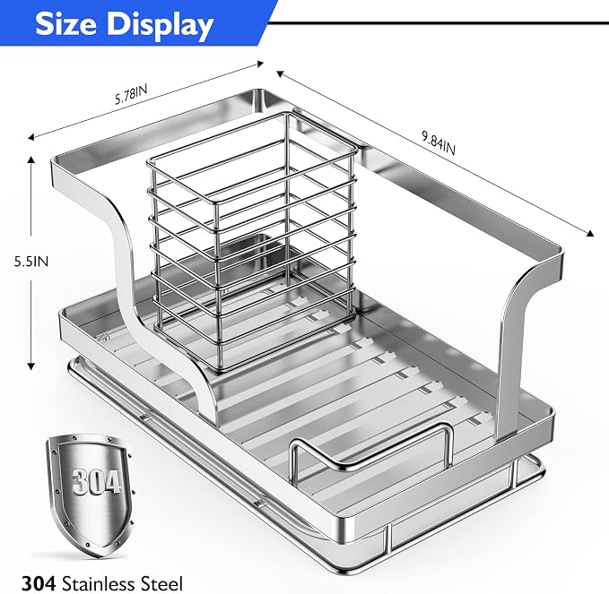 Sink Caddy Organizer, Stainless Steel Countertop Organizer, Sponge Holder with Removable Drain Pan for Sponge, Brush, Dishcloth, Dish Soap, Bottles (Silver)