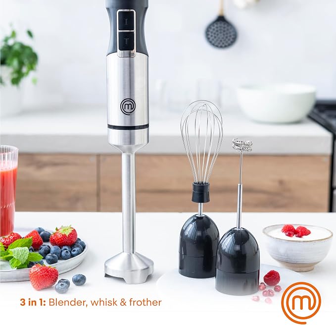 MasterChef Immersion Blender Handheld with Electric Whisk & Milk Frother Attachments, Hand Held Stainless Steel Stick Emulsifier for Making Baby Food, Soup, Puree, Cake, Cappuccino, Latte etc, 400W