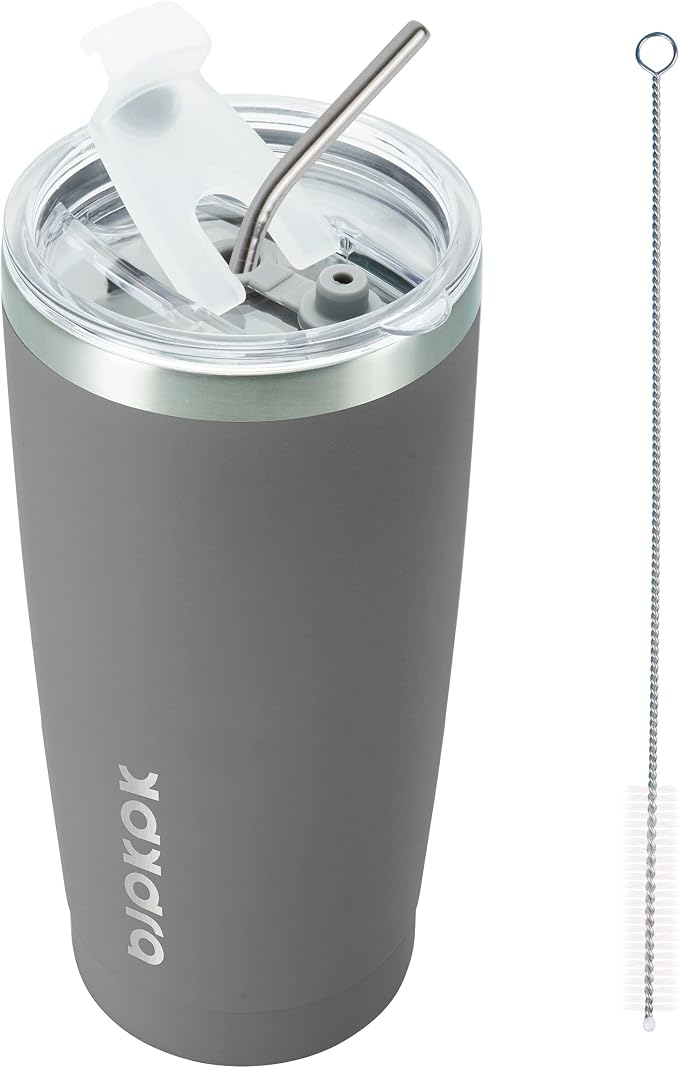 BJPKPK 20oz Coffee Tumbler with Lid & Straw, Insulated Stainless Steel Mug | Double Wall Vacuum, Keeps Hot/Cold, BPA Free, Leak Proof, Iced Coffee Cup Fit Car Holder, Travel & Beach, Gray