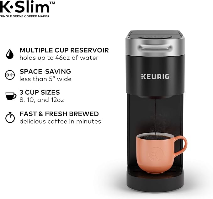 Keurig K-Slim Single Serve K-Cup Pod Coffee Maker, Multistream Technology, 3 Brew Sizes, Slim and Sleek Design, 46oz Removable Reservoir, Black | Multistream Technology, 3 Brew Sizes, Sleek Design, Removable Reservoir