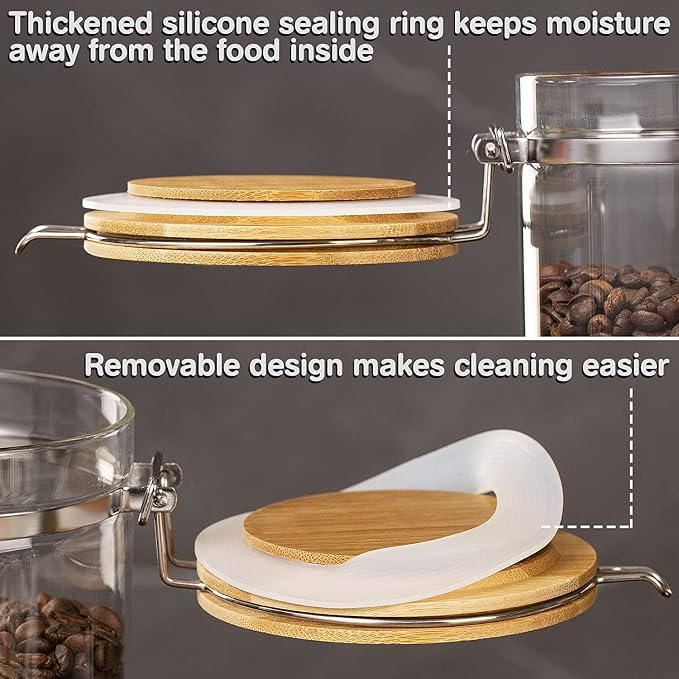 Coffee Container with Shelf: 2P 45OZ Glass Airtight Coffee Holder | Large Capacity Coffee Canister w/Wooden Scoop - Kitchen Food Storage Jar for Ground Coffee/Tea/Sugar/Cereal/Nuts/Coffee Bar