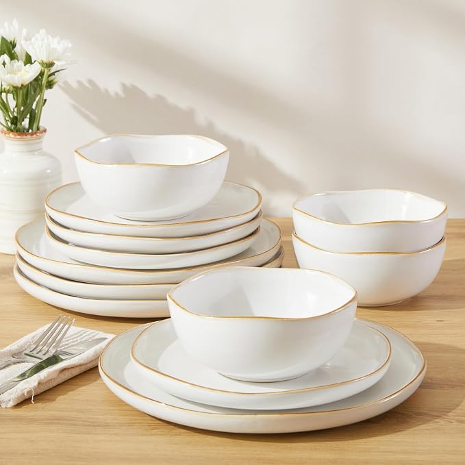 Dinnerware Set for 4, Ceramic Dish Set, Plate and Bowl Set, Microwave & Dishwasher Safe Dishware Set, Chip & Scratch Resistant Dinner Sets, Irregular Edge Design, White