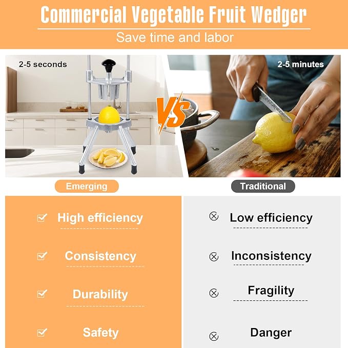 Commercial Lemon Cutter, 4/6/8-Section Stainless Steel Fruit Slicer with Blade, Heavy Duty Cast Aluminum, Non-Slip Base, Easy Clean Citrus Cutter for Bar, Restaurant & Home Kitchen