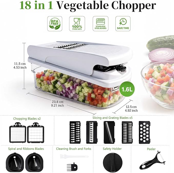 18-in-1 Vegetable Chopper Mandoline Slicer for Kitchen, Food Chopper with Container, Veggie Cutter, Onion Mincer Tomato Dicer, Fruit Slicer Spiralizer, Cheese Grater, Kitchen Gadgets House Essentials