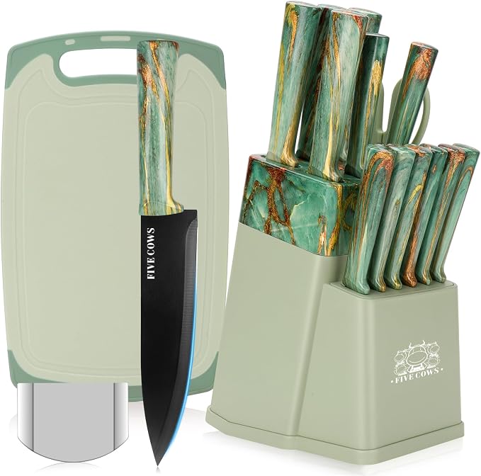 16-Piece Kitchen Knife Block Set with Cutting Board - German Stainless Steel Knives, Built-In Sharpener, Dishwasher Safe, Anti-Slip Handle - All-in-One Cutlery Set for Home/Kitchen (Cyan)