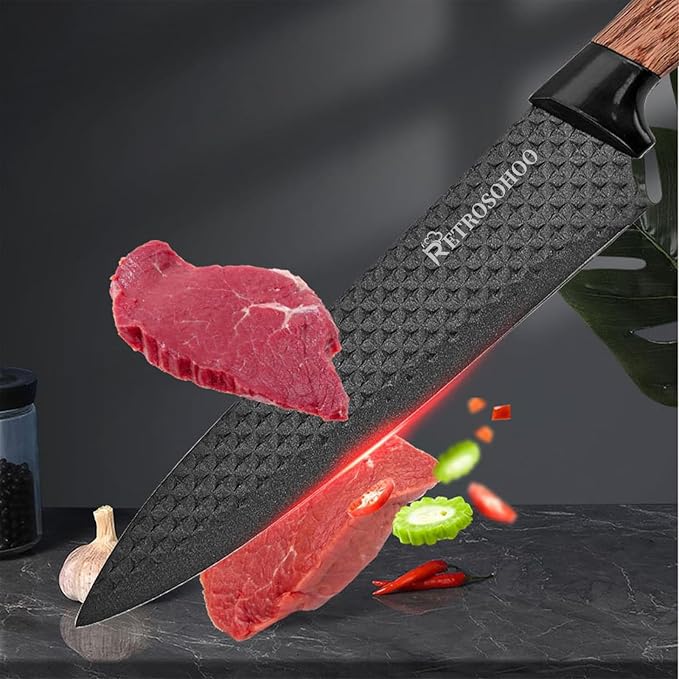 Kitchen Knife Set, Retrosohoo 6-Pieces Khaki Sharp Knife Block Set for Kitchen, Non-stick Non-slip Stainless Steel Chef Knife Set with Universal Knife Block Suitable for Home Restaurant (Black)