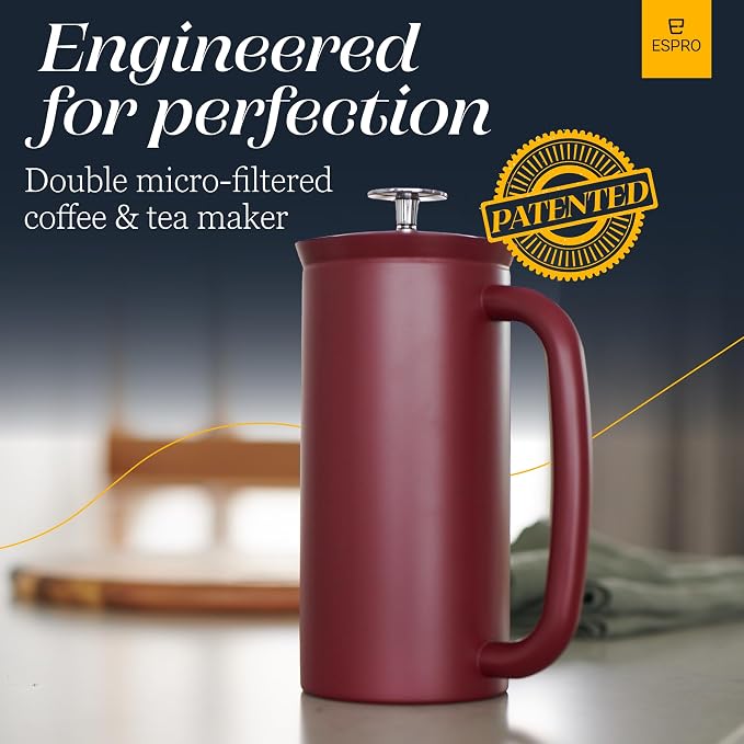 ESPRO P7 French Press, 32oz, Cranberry, Stainless Steel Coffee Maker | Double Filter Coffee Press, Grit-Free Coffee, Heat Resistant Insulated tea Press, Easy Hot and Cold Coffee Brewer, Tea Brewer