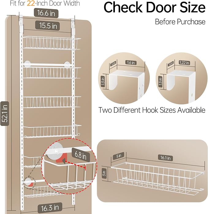Delamu Adjustable Cabinet Door Organizer, 6-Tier Hanging Spice Rack Organizer, Metal Over the Door Pantry Organizer, Pantry Organizers and Storage Shelves for Kitchen Bathroom Laundry Room, White M