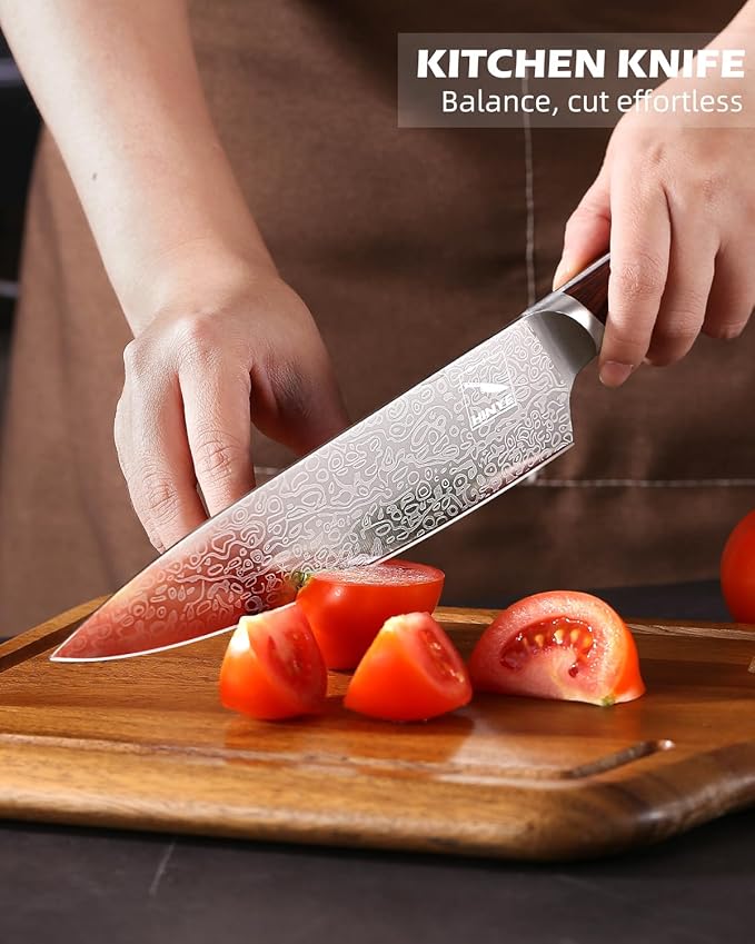 8" High Carbon Stainless Steel Kitchen Chef Knife, Redwood Handle, Textured Anti-Stick Blade, Rustproof & Dishwasher Safe, Effortless Chopping, Premium Gift Box