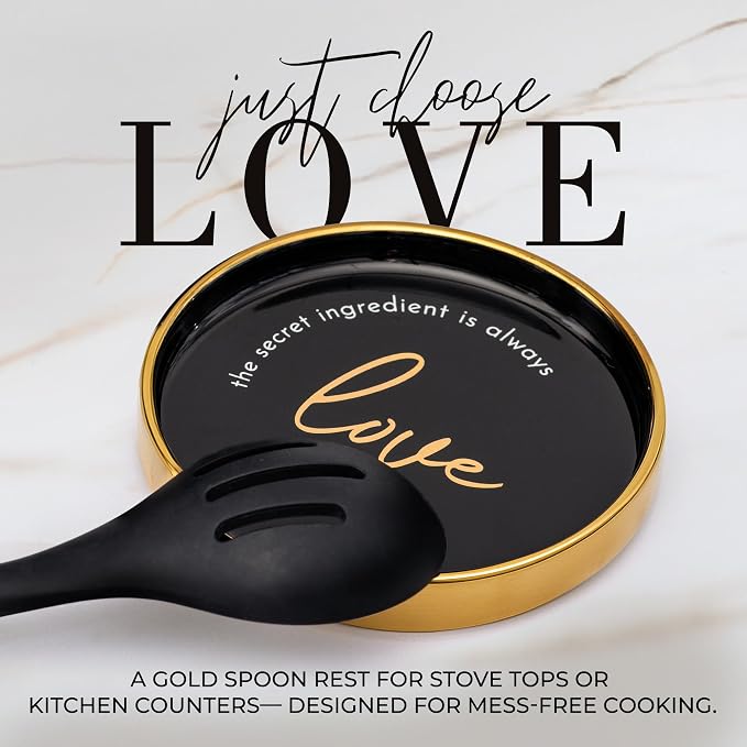 Styled Settings Black and Gold Kitchen Utensils Set with Holder, 8-Piece | Heat Resistant, Nonstick, Black Silicone Cooking Utensils Set, Ceramic Utensil Holder & Stackable Gold Spoon Rest