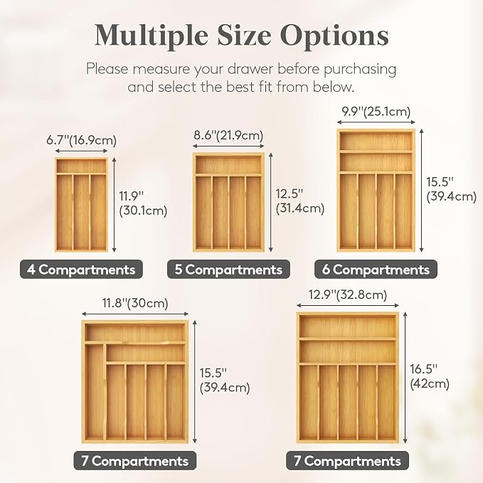 Lifewit Bamboo Silverware Tray for Drawer, 8.6 x 12.5 | Utensil Organizer for Kitchen, Flatware and Cutlery Holder, Storage for Spoons Forks Knives, Natural