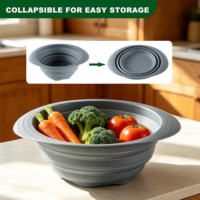 Collapsible Silicone Colander with Handle, 10.5-Inch Large Capacity Foldable Strainer for Vegetables, Pasta, Fruits - Heat Resistant up to 212°F, Non-Slip Base, Space-Saving Kitchen Tool-2pack