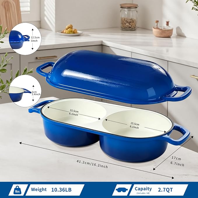 Enameled Cast Iron Bread Oven with Lid, 2.7 QT Double Loaf Dutch Oven for Sourdough Bread Baking, Dual Bread Pan for Artisan Homemade Bread, Even Heat Distribution, Oven Safe to 500°F