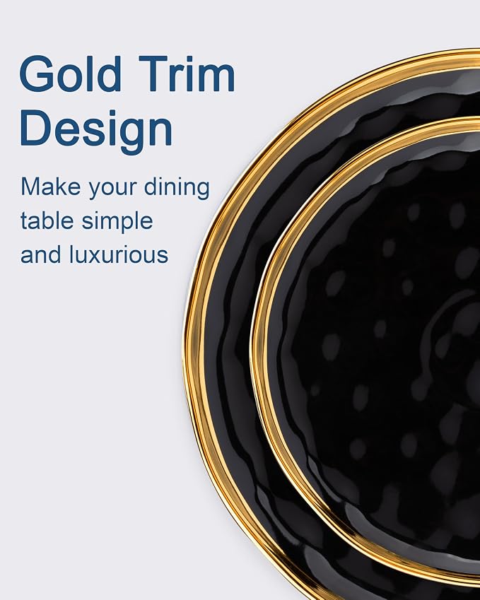 LOVECASA 12 Pieces Plates and Bowls Sets, Porcelain Black and Gold Dinnerware Sets, Round Dinner Plates Dishes Set Service for 4, Dishwasher Safe and Scratch Resistant, Black