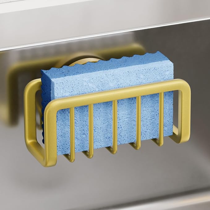 TAILI Gold Sponge Holder for Kitchen Sink with Strong Suction Cup | Removable Sink Caddy for Kitchen Sink Oganizer, Rustproof Aluminum Sink Sponge Holder for Scraper Brushes, Stoppers