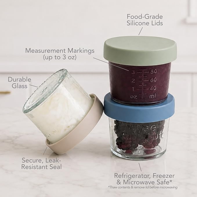 WeeSprout Glass Baby Food Storage Jars with Silicone Lids (4 oz, 12 Pack Set) Snack, Puree, Reusable Small Containers, Breast Milk, Fridge or Freezer, Essential Must Have for Infants