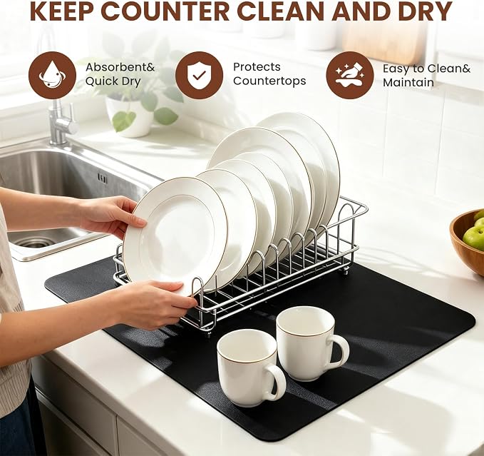Coffee Mat Dish Drying,Non-Slip Easy Clean Sink Mat,Heat-resistant ,Fit Under Coffee Maker, Espresso Machine, Pot, Dish Rack (black, 16"x20")