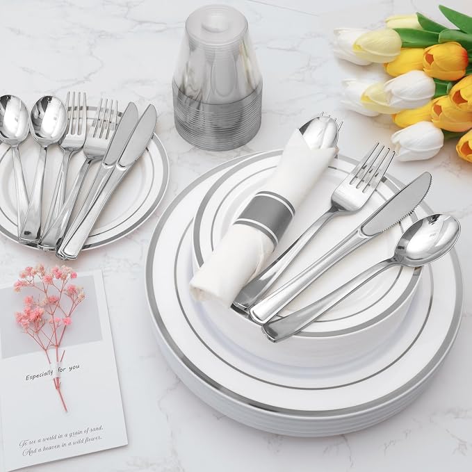 490 Piece Silver Plastic Dinnerware Set for 70 Guests | Disposable Dinnerware Includes: 70 Dinner Plates, 70 Dessert Plates, 70 Pre Rolled Napkins with Silverware, 70 Cups
