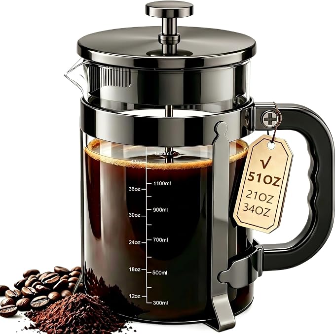 QUQIYSO French Press 51oz,Large French Press Thickened Glass Coffee Press | French Press Stainless Steel,Large Capacity Coffee Maker,Easy to Clean,4 Filter,Suitable for Party Home Office(Dark Pewter)
