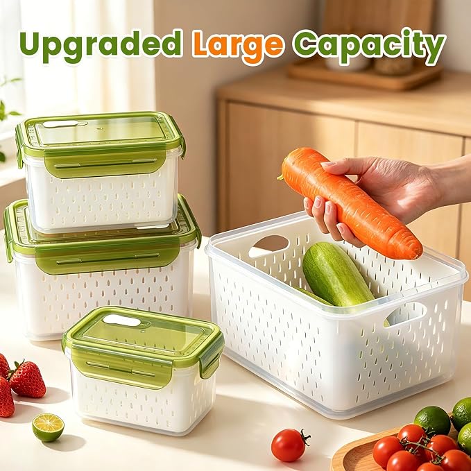 TBMax 8 Pieces Airtight Fruit Storage Containers for Fridge with Air Circulation Vent, 4 Pack Produce Saver with Colander for Berry Lettuce Salad Vegetable Storage, Refrigerator Organizers- Green