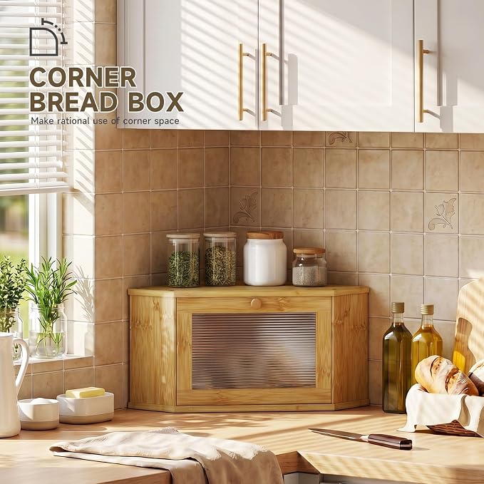 Corner Bread Box For Kitchen Countertop,Bread Storage Bin (Natural, Medium) | Small Bamboo Bread Container,Corner Shelf For Kitchen Decor