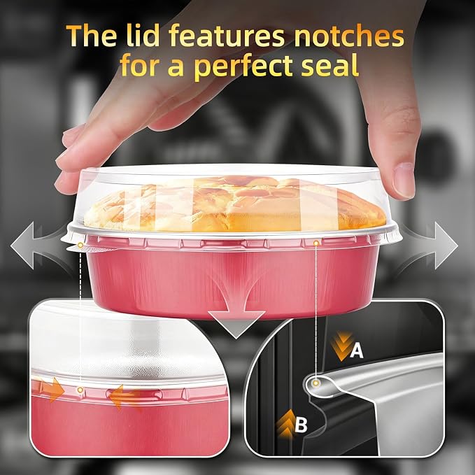 Beasea 120 Pack Disposable Ramekins with Lids, 7.3oz Grapefruit Pink Aluminum Foil Mini Pie Tins Pans Small Baking Cups, Round 4 inch Individual Cake Pans Tin for Creme Brulee Cheesecake Tart Pie